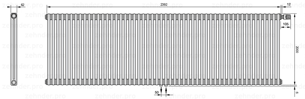 Схема (чертеж) Радиатор Zehnder Charleston 2200/52 №V008 Белый глянцевый RAL 9016
